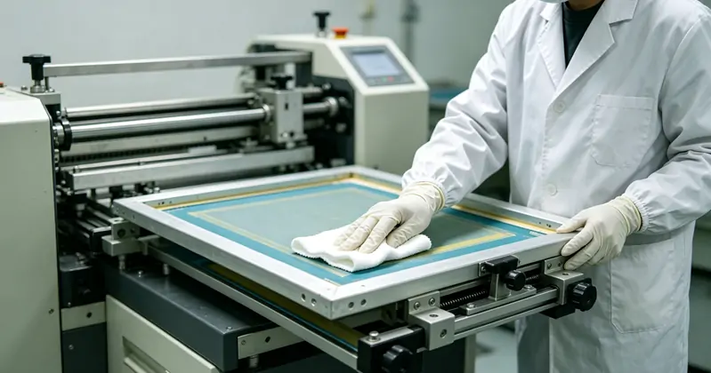 operator cleaning squeegee carriage on automatic screen printing press