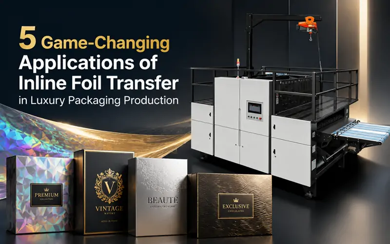 Cold foil machine inline foil transfer process showing UV adhesive application and metallic foil lamination in luxury packaging production
