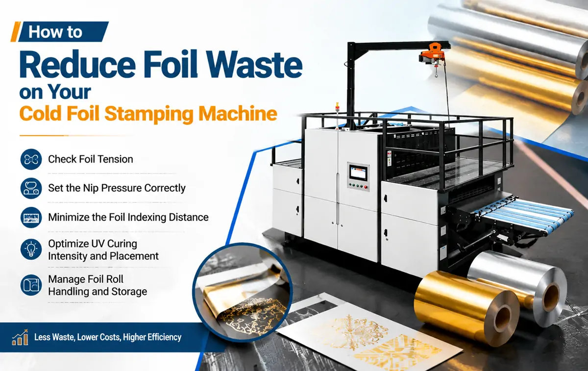 Cold foil stamping machine with optimized foil control system to reduce material waste during production