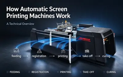 Cover image for technical overview of automatic screen printing machines, featuring industrial full-auto press with core process flow of feeding, registration, printing, take-off and curing systems