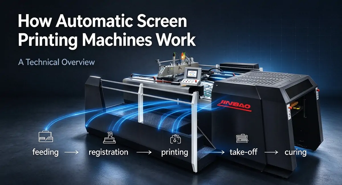 Industrial fully automatic cylinder screen printing machine with high-precision registration, designed for high-volume packaging, label and decal production